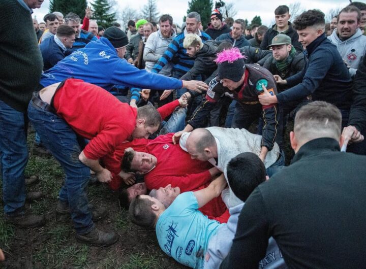 Haxey Hood Game. Chaotic Medieval Scrum for a Leather Tube in Lincolnshire, England