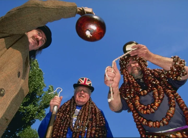 World Conker Championships. Smashing Chestnuts in a Classic Playground Game in Northamptonshire, England