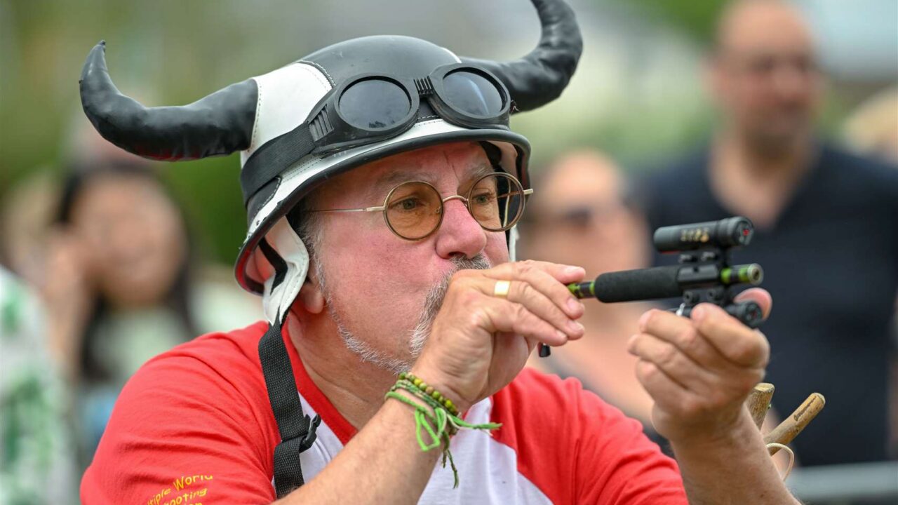 World Pea Shooting Championships. Blowing Peas at Targets in Cambridgeshire, England