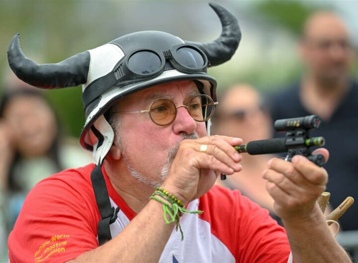 World Pea Shooting Championships. Blowing Peas at Targets in Cambridgeshire, England